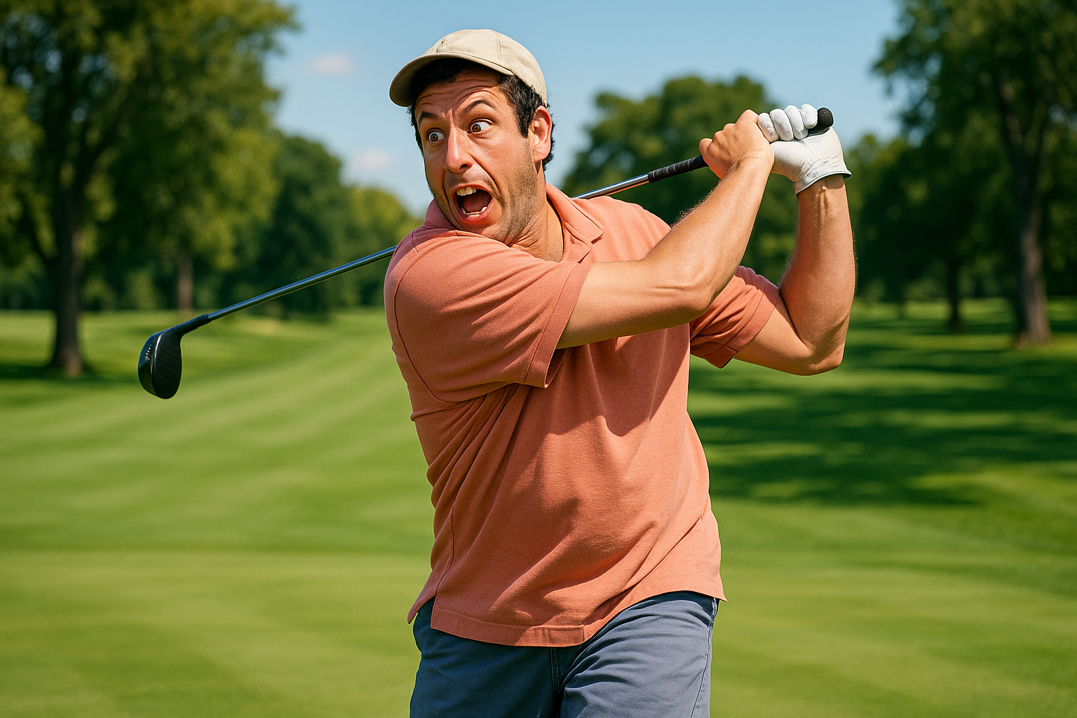 Cute AI Image of angry and funny Adam Sandler swinging a golf club like he did in Happy Gilmore 2