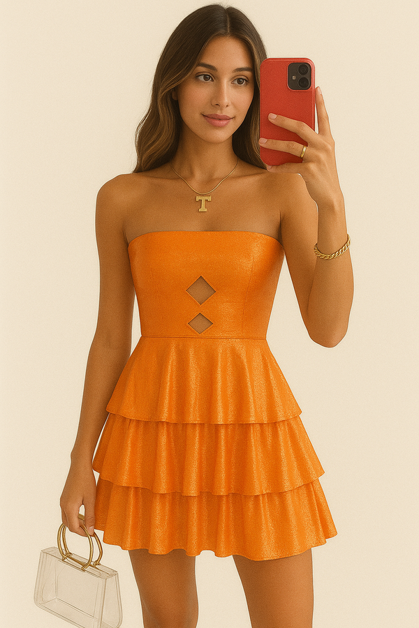 Orange Strapless Sweetheart Ruffled MIni Dress (Vols Game Day) Dress to Impress