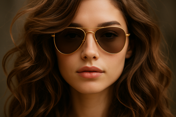 a beautiful girl with long wavy curled hair wearing a pair of aviator gold trim sunglasses. it is a close up of her face and sunglasses