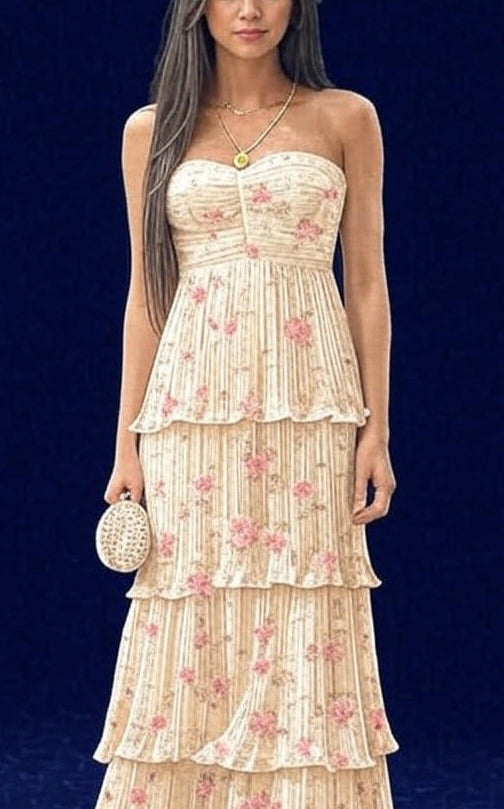 Long Strapless Ruched Tiered Maxi Dress Formal Wedding Guest, Homecoming, Bridesmai