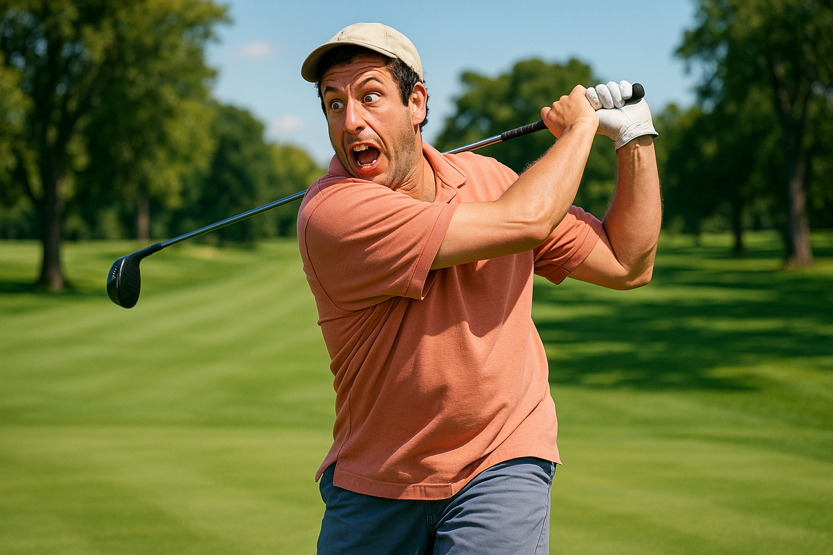 Cute AI Image of angry and funny Adam Sandler swinging a golf club like he did in Happy Gilmore 2