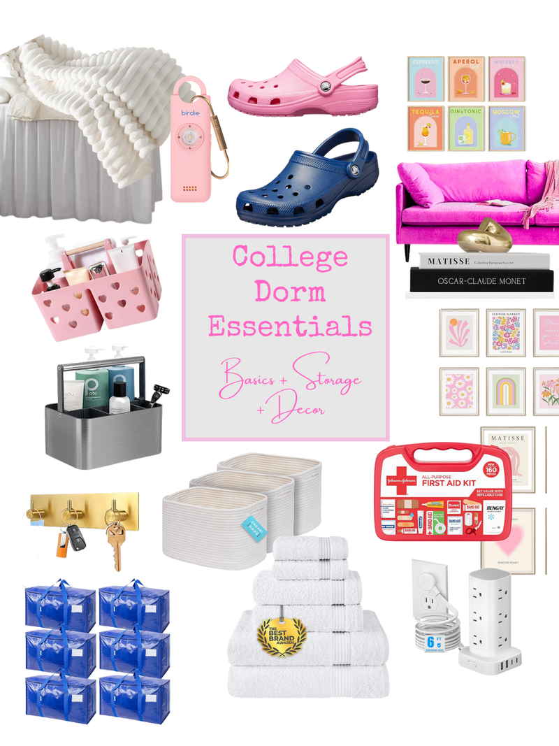 Picture of several top essetials needed for a college student living in a dorm from decor to basics like shower caddies and shoes
