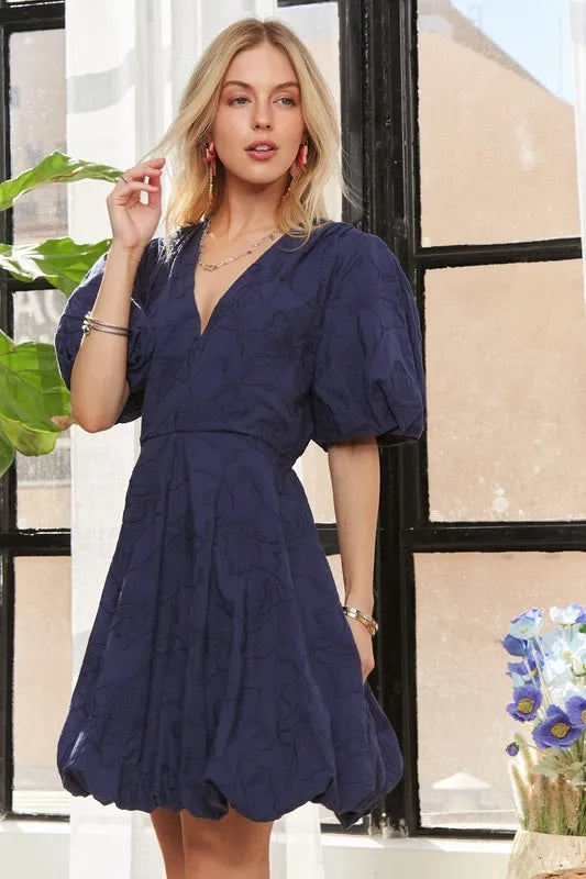 Puff Sleeve Bubble Hem Dress in Dark Blue Navy - Apparel & Accessories > Clothing > Dresses