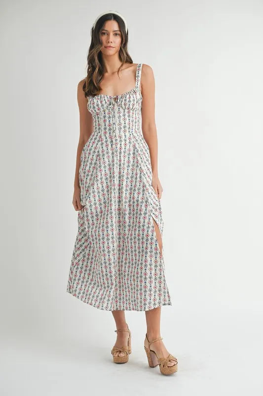 Floral Sweatheart Neckline Midi Dress with Back Ties - Apparel & Accessories > Clothing > Dresses