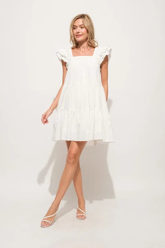 White Ruffled Sleeve Tiered Dress - 100% Cotton - Apparel & Accessories > Clothing > Dresses