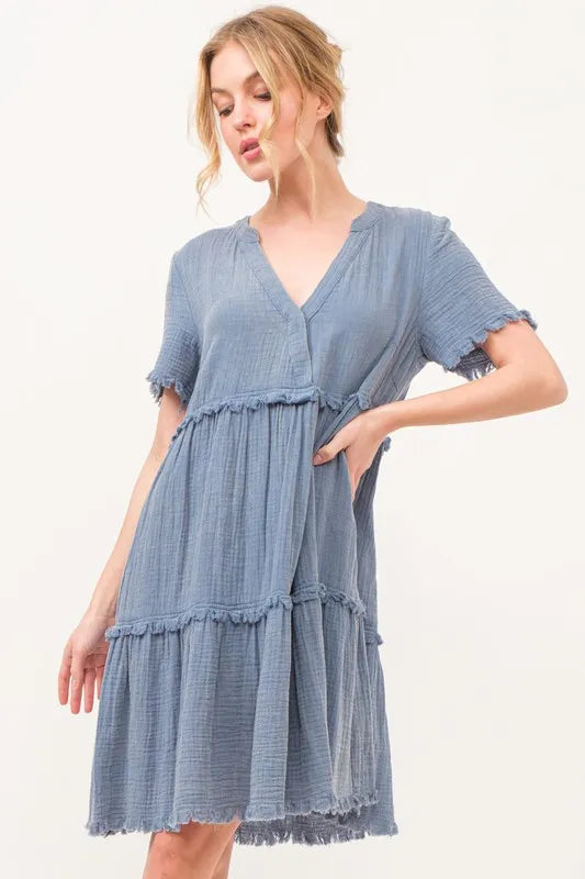 Blue Frayed Detail Babydoll 100% Cotton Dress - Apparel & Accessories > Clothing > Dresses
