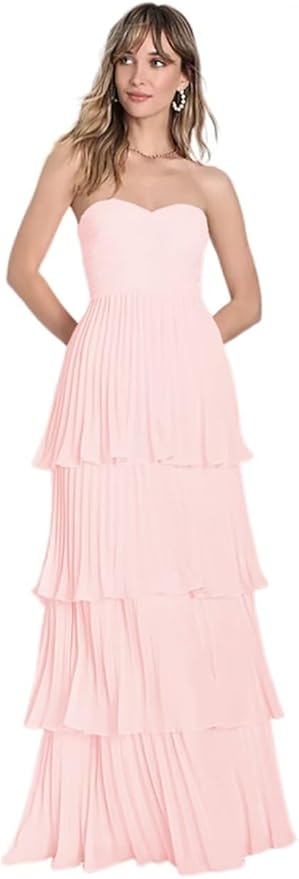 Long Strapless Ruched Tiered Maxi Dress Formal Wedding Guest, Homecoming, Bridesmai