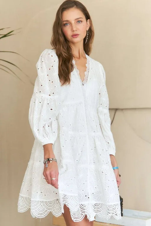 White Eyelet Lace V-Neck Babydoll Dress - Apparel & Accessories > Clothing > Dresses