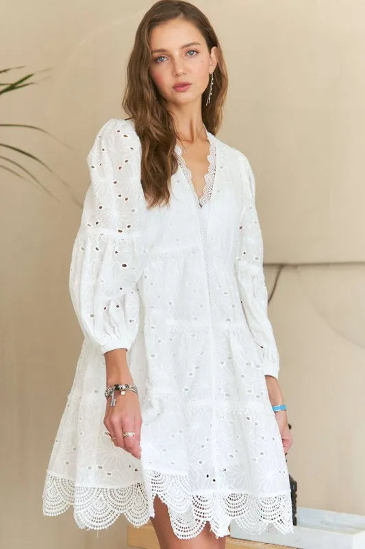 White Eyelet Lace V-Neck Babydoll Dress - Apparel & Accessories > Clothing > Dresses