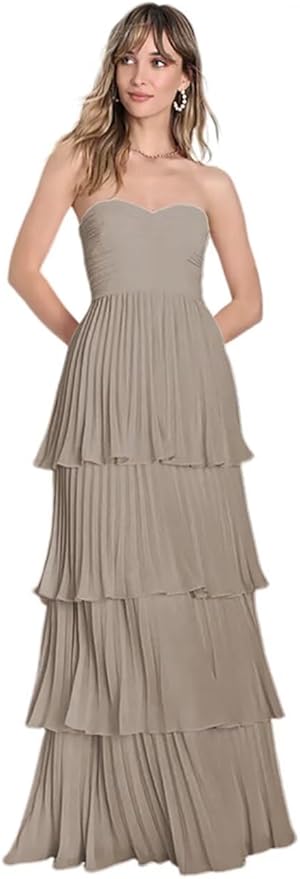 Long Strapless Ruched Tiered Maxi Dress Formal Wedding Guest, Homecoming, Bridesmai
