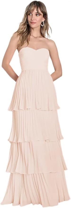Long Strapless Ruched Tiered Maxi Dress Formal Wedding Guest, Homecoming, Bridesmai