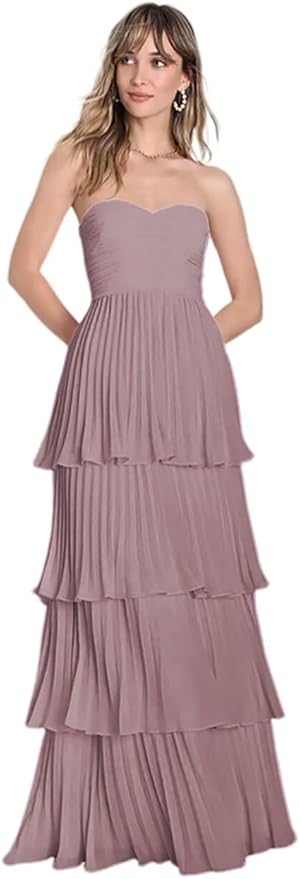 Long Strapless Ruched Tiered Maxi Dress Formal Wedding Guest, Homecoming, Bridesmai