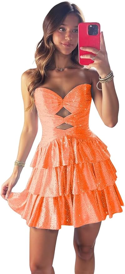 Orange Strapless Sweetheart Ruffled MIni Dress (Vols Game Day) Dress to Impress