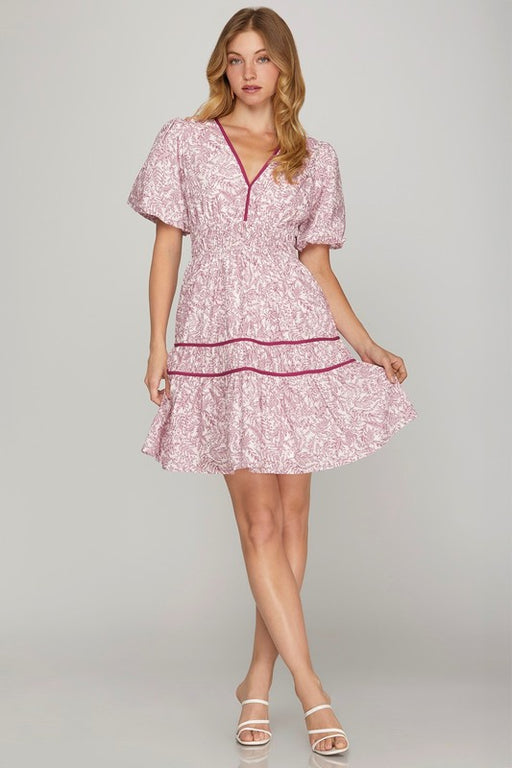 Printed Puff-Sleeve Tiered Dress in Rasberry - S-2XL - Apparel & Accessories > Clothing > Dresses