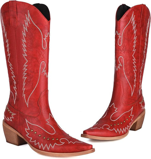 RED Western Cowgirl Mid Calf Pointed Toe Chunky Heel Pull On