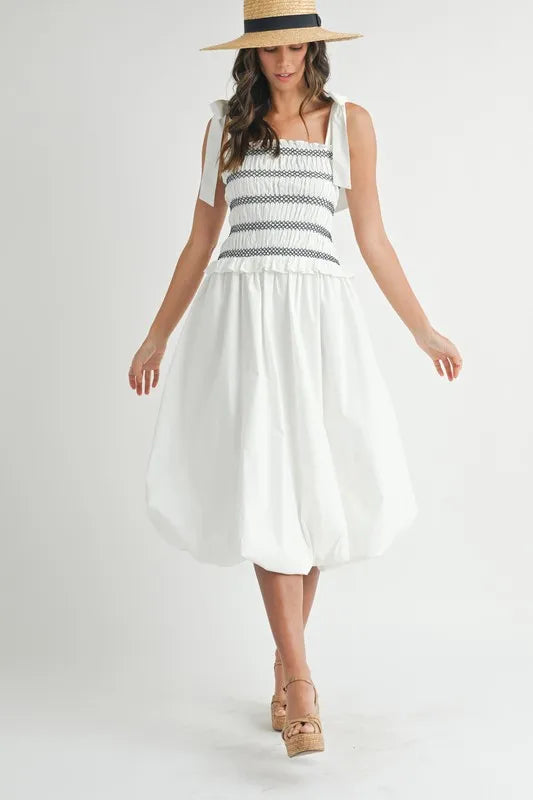 Smocked Bodice Bubble Midi Dress - Apparel & Accessories > Clothing > Dresses