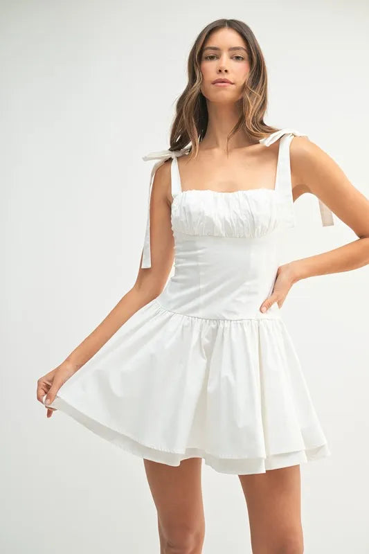 White Shoulder Tie Corset Panel Mini Dress - Apparel & Accessories > Clothing > Dresses