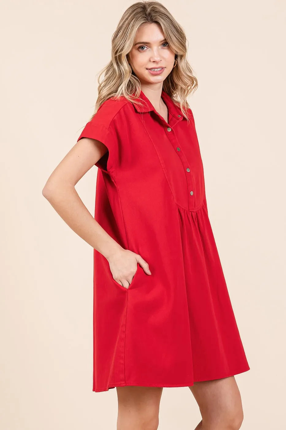 Red 100% Cotton Short Sleeve Collared Babydoll Mini Dress - Apparel & Accessories > Clothing > Dresses