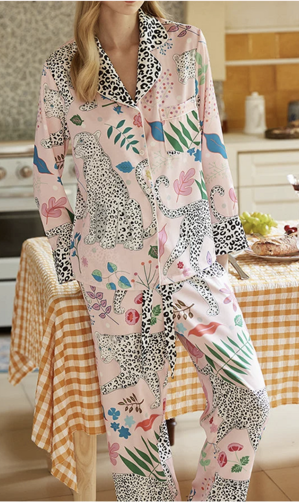 Designer Style Button-Up Animal Print PJ Set