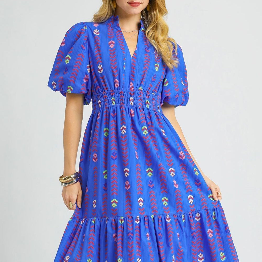 Puff Sleeve Midi Floral Geo Dress 100% Cotton