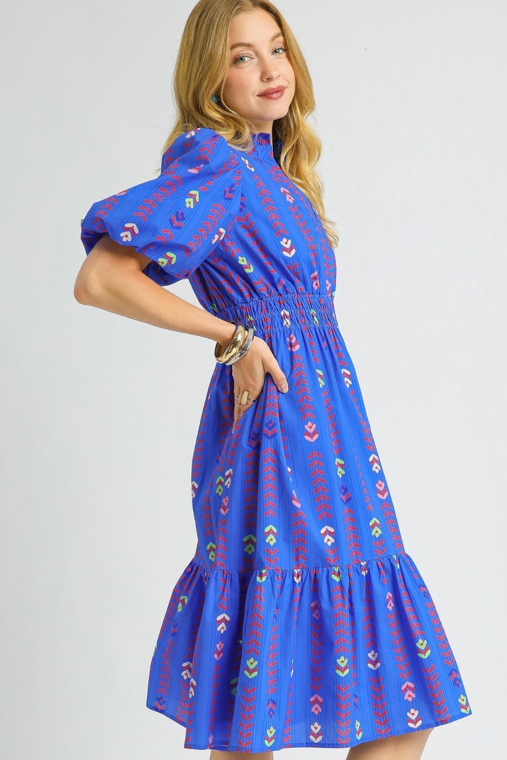 Puff Sleeve Midi Floral Geo Dress 100% Cotton