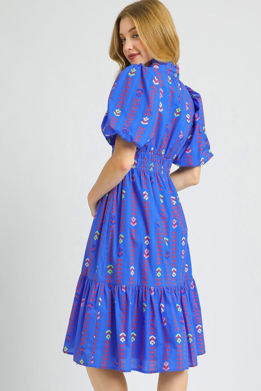 Puff Sleeve Midi Floral Geo Dress 100% Cotton