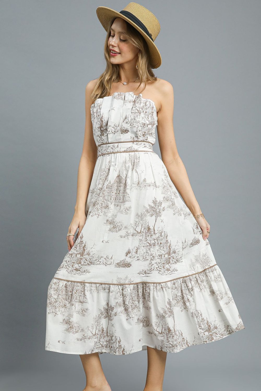 100% Cotton Vintage Toile Strapless Cotton Midi Dress