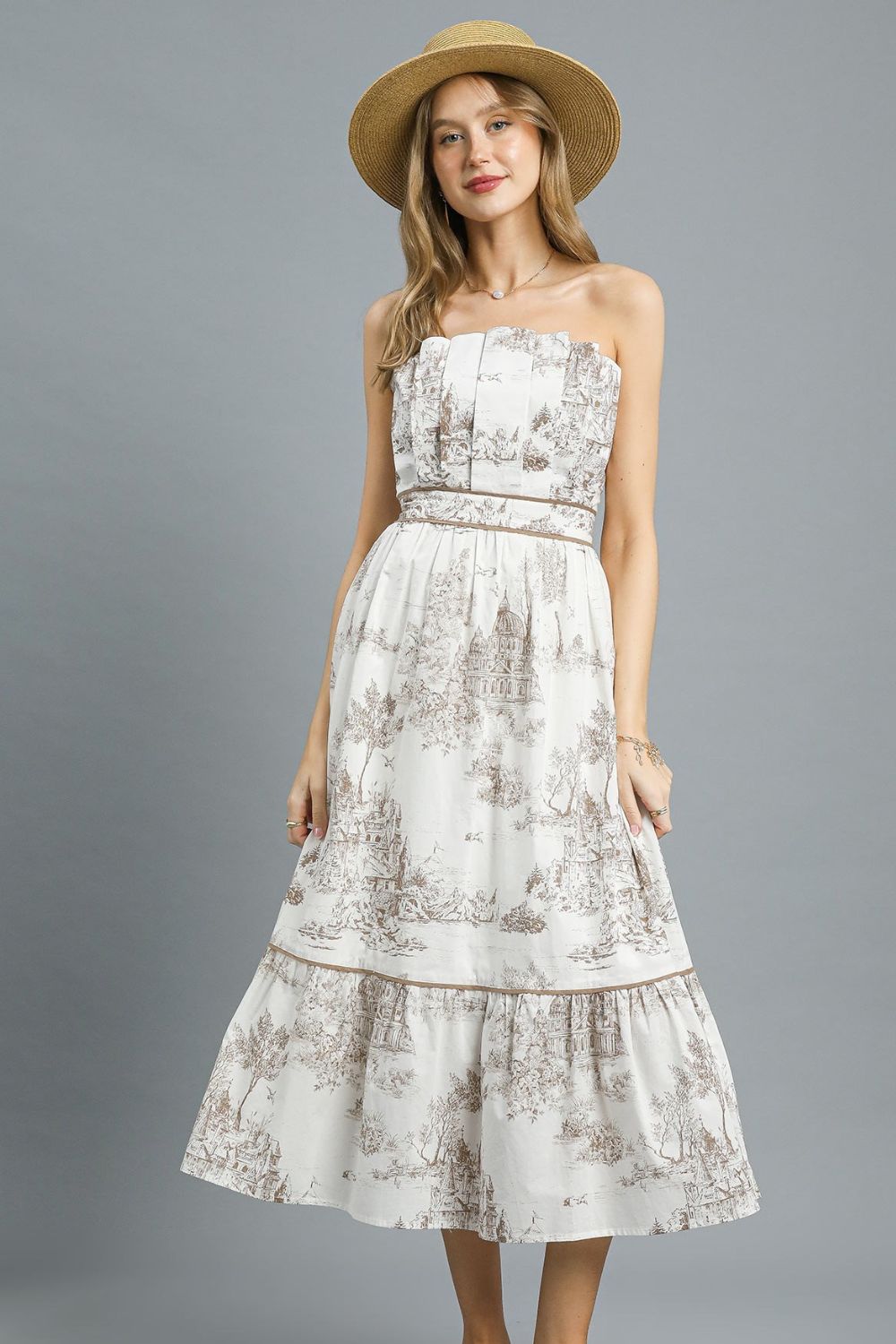 100% Cotton Vintage Toile Strapless Cotton Midi Dress