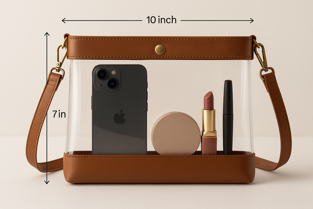 A 10 INCH WIDE  X 7 INCH LONG CROSS BODY PVC CLEAR BAG WITH BROWN LEATHER BOTTOM AND ABOUT AN INCH OF LEATHER ACROSS THE TOP AND A 1 INCH BROWN LEATHER REMOVABLE CROSS BODY STRAP. SHOW A CELL PHONE AND MAKEUP INSIDE THE BAG