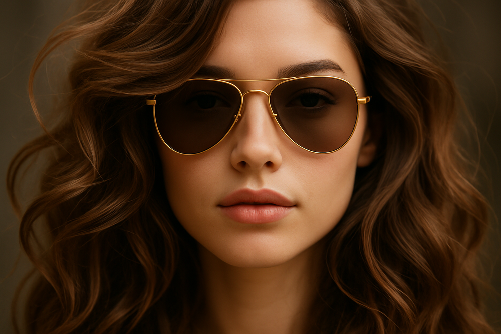 a beautiful girl with long wavy curled hair wearing a pair of aviator gold trim sunglasses. it is a close up of her face and sunglasses