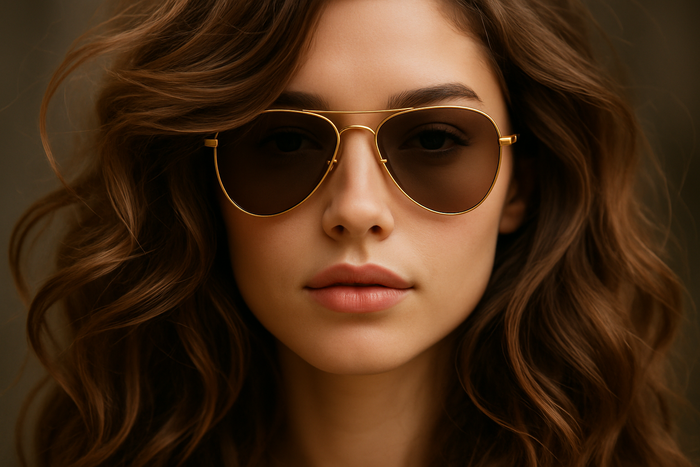 a beautiful girl with long wavy curled hair wearing a pair of aviator gold trim sunglasses. it is a close up of her face and sunglasses