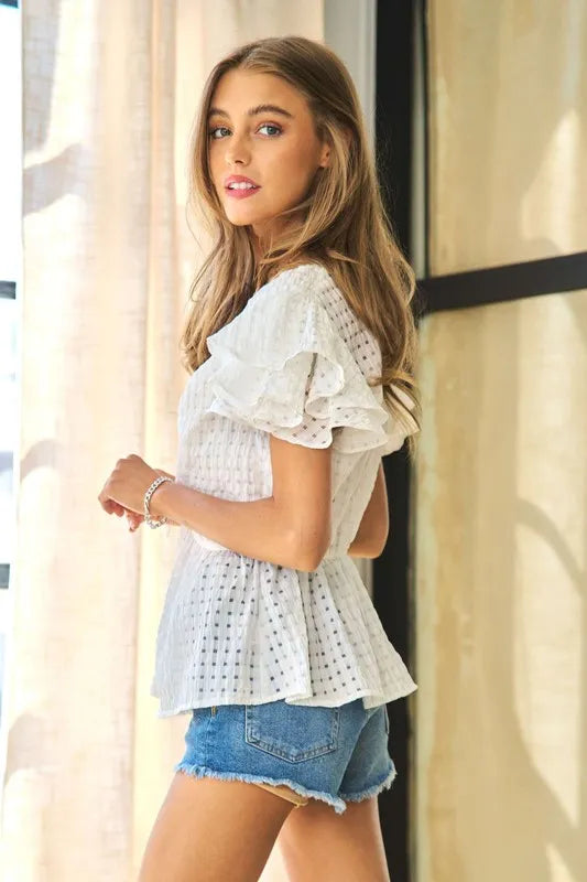 White Ruffled Puff Sleeve Gingham patterned Top - Apparel & Accessories > Clothing > Clothing Tops