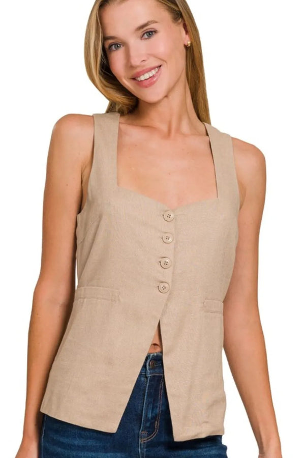 Linen Tie-back 4-button Vest in Tan - Apparel & Accessories > Clothing > Outerwear > Vests