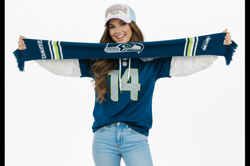 Person wearing a Seahawks jersey with number 14 and a matching scarf, holding a cap.