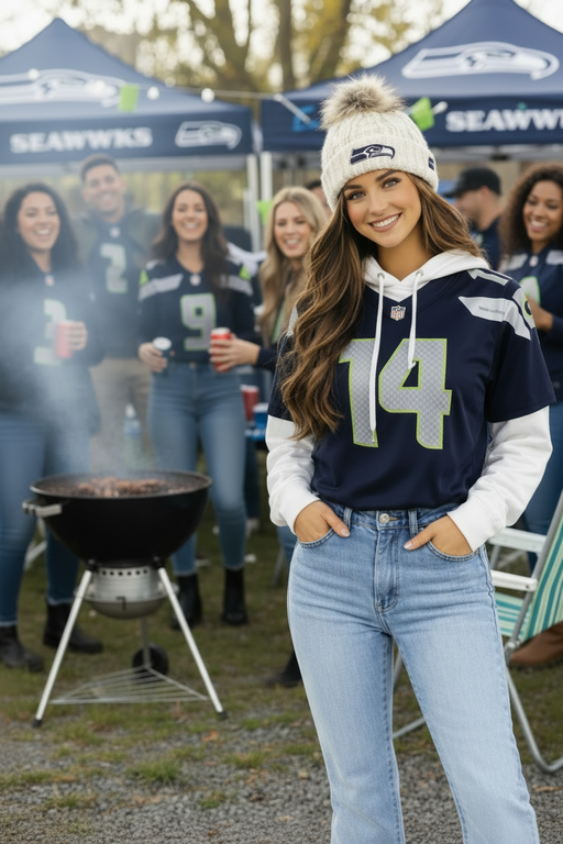 Woman wearing a Seahawks jersey, hoodie, jeans, and knit cap on a white background